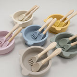 2PCS Baby Learning Spoons Utensils Set Food Grade Wooden Handle Silicone Spoon Fork Cutlery Training Spoon Feeding Tableware