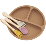 2PCS Baby Learning Spoons Utensils Set Food Grade Wooden Handle Silicone Spoon Fork Cutlery Training Spoon Feeding Tableware