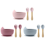 3Pcs Silicone Baby Feeding Bowl Set Baby Learning Dishes Suction Bowl Set Wood Spoon Fork Children Tableware Baby Stuff