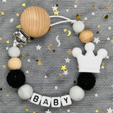 NEW Custom Personalized Name Pacifier Clip Handmade Beech Wooden Chain Silicone Crown Holder Soother Baby Teething Toy Chew Gift