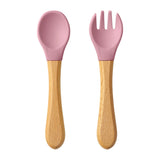2PCS Baby Learning Spoons Utensils Set Food Grade Wooden Handle Silicone Spoon Fork Cutlery Training Spoon Feeding Tableware