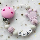 NEW Custom Personalized Name Pacifier Clip Handmade Beech Wooden Chain Silicone Crown Holder Soother Baby Teething Toy Chew Gift