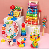 Montessori Baby Toys 9 in 1 Wooden Musical Set: Xylophone Rattle Drum Bell 3D Puzzles Sensory Learning Gifts for 0-12 Months 1-3
