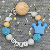 NEW Custom Personalized Name Pacifier Clip Handmade Beech Wooden Chain Silicone Crown Holder Soother Baby Teething Toy Chew Gift
