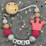 NEW Custom Personalized Name Pacifier Clip Handmade Beech Wooden Chain Silicone Crown Holder Soother Baby Teething Toy Chew Gift