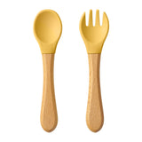 2PCS Baby Learning Spoons Utensils Set Food Grade Wooden Handle Silicone Spoon Fork Cutlery Training Spoon Feeding Tableware