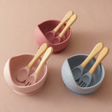 3Pcs Silicone Baby Feeding Bowl Set Baby Learning Dishes Suction Bowl Set Wood Spoon Fork Children Tableware Baby Stuff