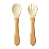 2PCS Baby Learning Spoons Utensils Set Food Grade Wooden Handle Silicone Spoon Fork Cutlery Training Spoon Feeding Tableware
