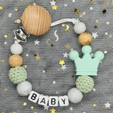NEW Custom Personalized Name Pacifier Clip Handmade Beech Wooden Chain Silicone Crown Holder Soother Baby Teething Toy Chew Gift