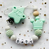 NEW Custom Personalized Name Pacifier Clip Handmade Beech Wooden Chain Silicone Crown Holder Soother Baby Teething Toy Chew Gift