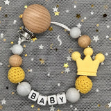 NEW Custom Personalized Name Pacifier Clip Handmade Beech Wooden Chain Silicone Crown Holder Soother Baby Teething Toy Chew Gift