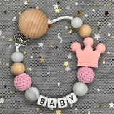 NEW Custom Personalized Name Pacifier Clip Handmade Beech Wooden Chain Silicone Crown Holder Soother Baby Teething Toy Chew Gift