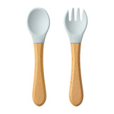 2PCS Baby Learning Spoons Utensils Set Food Grade Wooden Handle Silicone Spoon Fork Cutlery Training Spoon Feeding Tableware