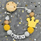 NEW Custom Personalized Name Pacifier Clip Handmade Beech Wooden Chain Silicone Crown Holder Soother Baby Teething Toy Chew Gift