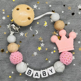NEW Custom Personalized Name Pacifier Clip Handmade Beech Wooden Chain Silicone Crown Holder Soother Baby Teething Toy Chew Gift