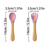 2PCS Baby Learning Spoons Utensils Set Food Grade Wooden Handle Silicone Spoon Fork Cutlery Training Spoon Feeding Tableware