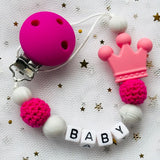 NEW Custom Personalized Name Pacifier Clip Handmade Beech Wooden Chain Silicone Crown Holder Soother Baby Teething Toy Chew Gift