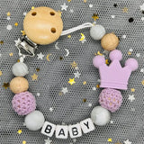 NEW Custom Personalized Name Pacifier Clip Handmade Beech Wooden Chain Silicone Crown Holder Soother Baby Teething Toy Chew Gift