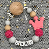 NEW Custom Personalized Name Pacifier Clip Handmade Beech Wooden Chain Silicone Crown Holder Soother Baby Teething Toy Chew Gift
