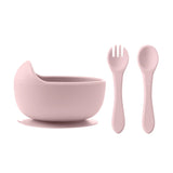3Pcs Silicone Baby Feeding Bowl Set Baby Learning Dishes Suction Bowl Set Wood Spoon Fork Children Tableware Baby Stuff