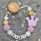 NEW Custom Personalized Name Pacifier Clip Handmade Beech Wooden Chain Silicone Crown Holder Soother Baby Teething Toy Chew Gift