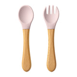 2PCS Baby Learning Spoons Utensils Set Food Grade Wooden Handle Silicone Spoon Fork Cutlery Training Spoon Feeding Tableware