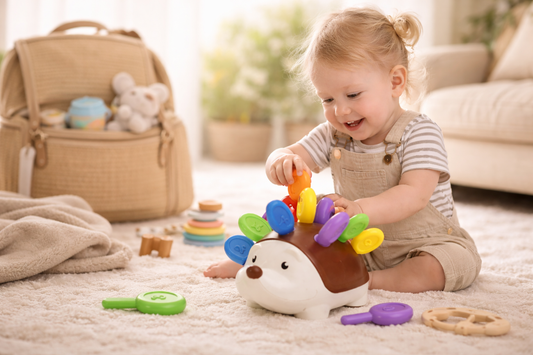 Baby playing with Montessori toy at home, ideal baby travel essentials for screen-free learning
