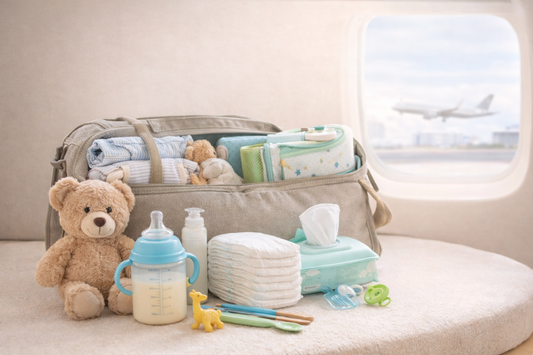 Baby travel essentials organized neatly including diapers wipes clothes toys and diaper bag for a stress free trip with baby