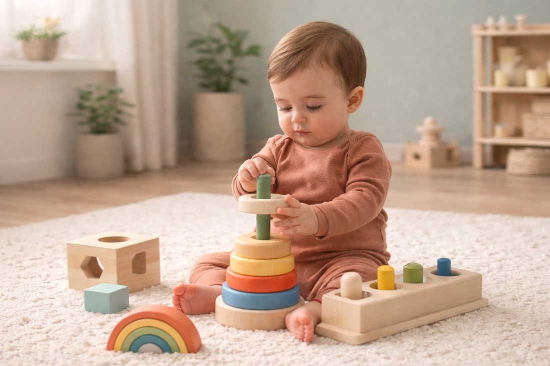 Baby playing with wooden Montessori stacking toy and sensory blocks designed for 6 to 12 month old babies