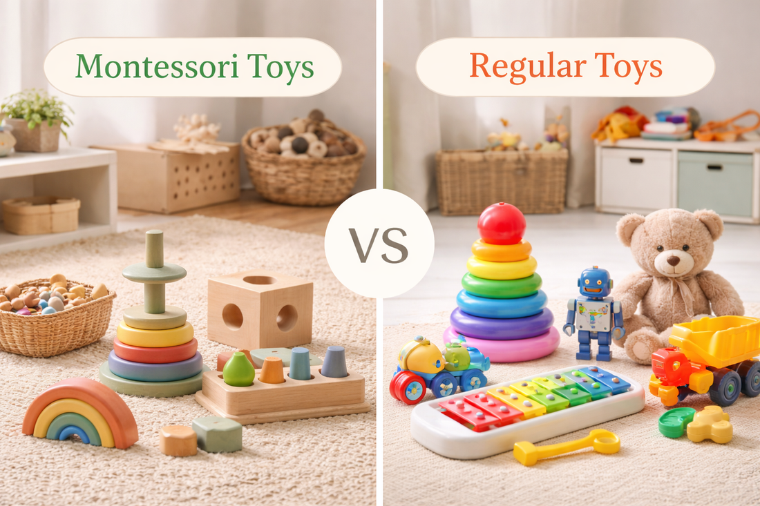 Comparison of Montessori wooden toys and colorful traditional plastic toys for babies and toddlers in a playroom setting.