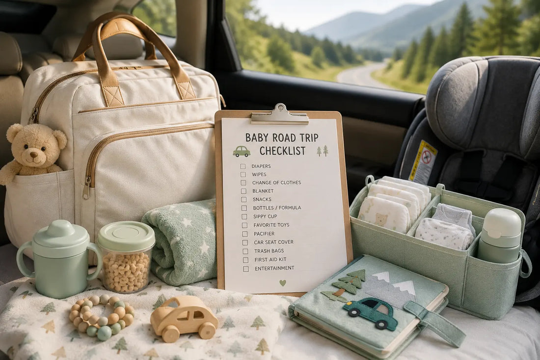 Baby road trip essentials organized inside a family car including a diaper bag, baby seat, snacks, toys, blanket, and travel organizer for a safe and comfortable journey.