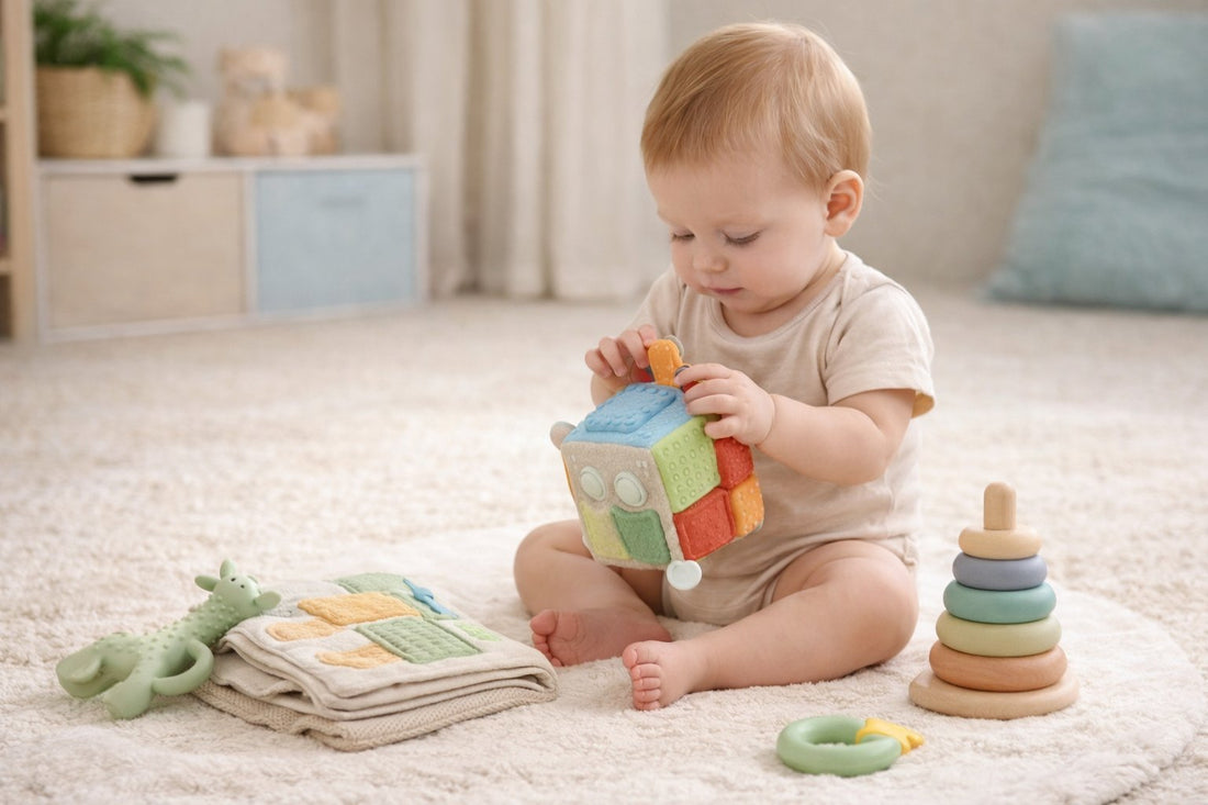 Baby playing with sensory toys including textured cube stacking rings and soft book in a calm minimal environment