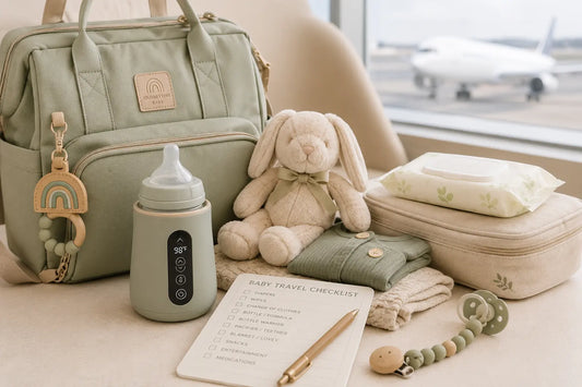 Baby travel essentials including a diaper bag, portable bottle warmer, baby bottle, wipes, pacifier, and checklist arranged near an airport window before an airplane trip.