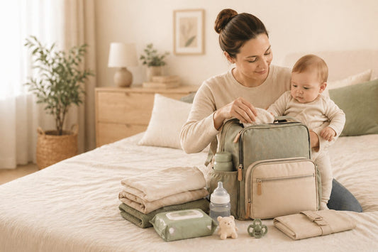 Mother packing a diaper bag with baby travel essentials in a calm minimalist home setting