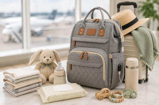 Gray travel diaper backpack with baby essentials including bottles, wipes, clothes, teether, and plush toy at an airport, showcasing organized storage for family travel.