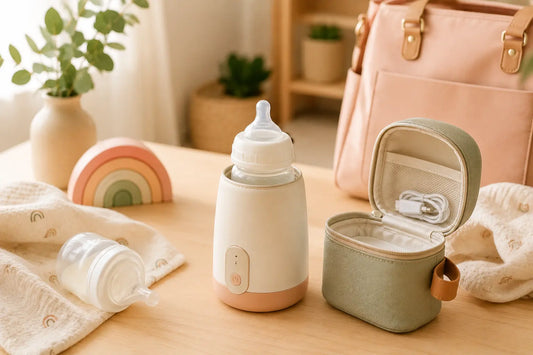 Portable bottle warmer with baby bottle and breast milk storage accessories in a warm nursery setting.