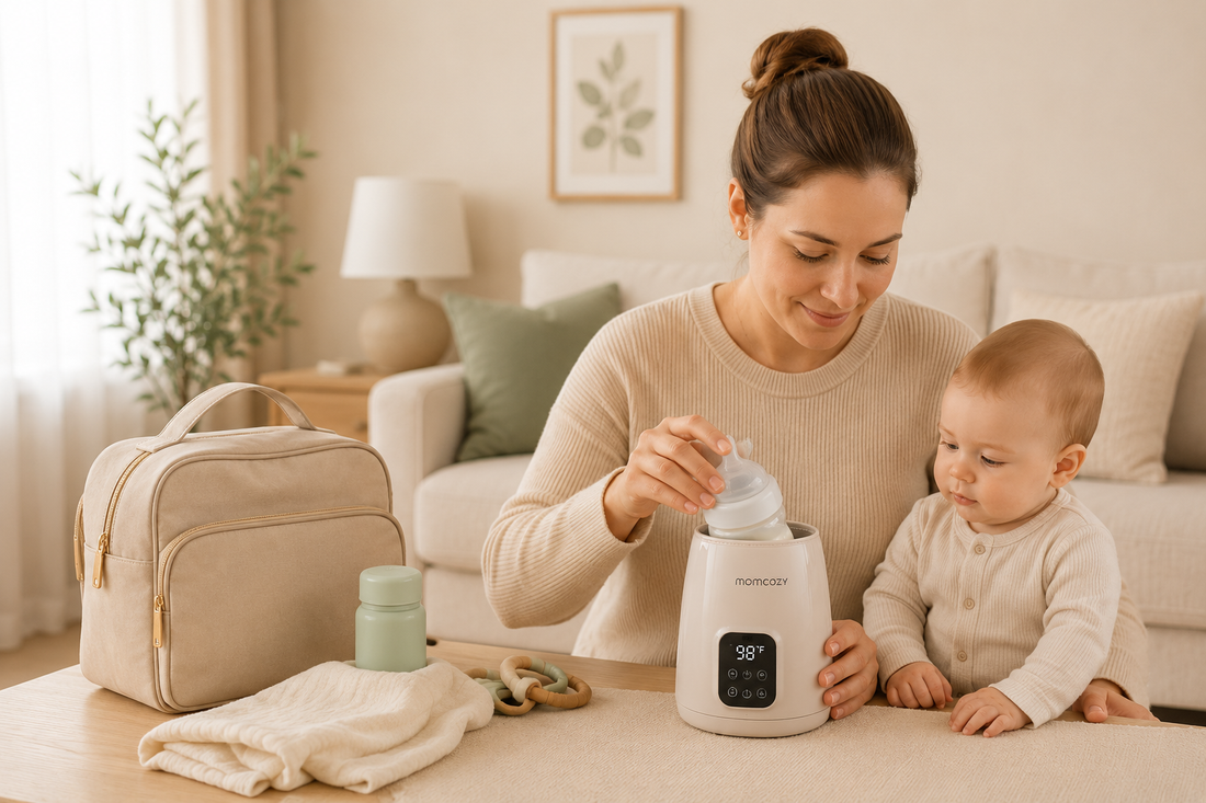Mom preparing a baby bottle with a portable bottle warmer in a cozy neutral nursery setting for travel and nighttime feeding