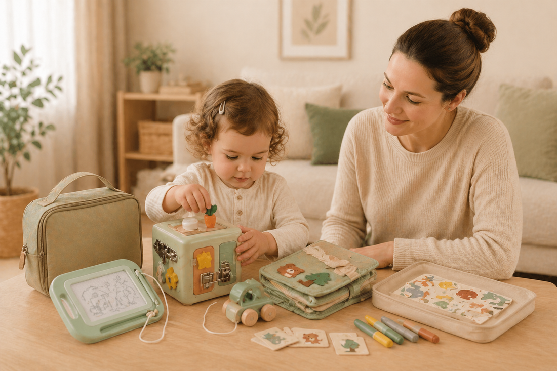 Toddler playing with Montessori travel toys at a table with parent, including quiet book, activity cube and drawing board for car, plane and restaurant trips