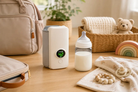 Portable baby bottle warmer with baby bottle and travel essentials on a wooden table, ideal for safely warming formula while traveling.