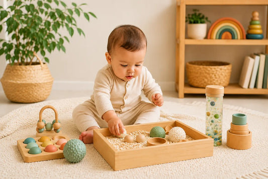 Baby exploring sensory toys and tactile materials in a Montessori-inspired nursery to support early learning and development.
