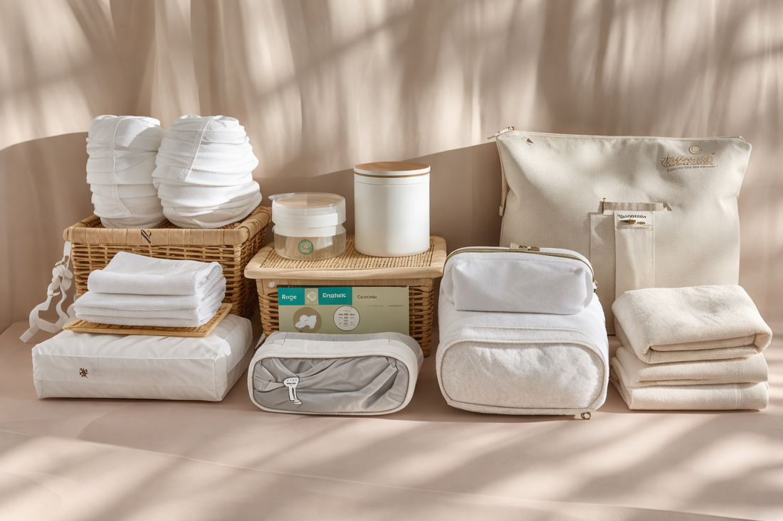 Diaper bag essentials organized on a table including diapers, wipes, baby clothes and travel pouches for parents preparing a diaper bag.