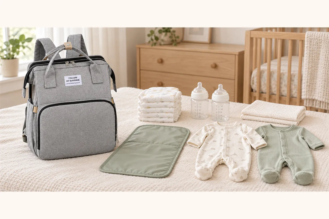 Diaper backpack with newborn outing essentials arranged beside it