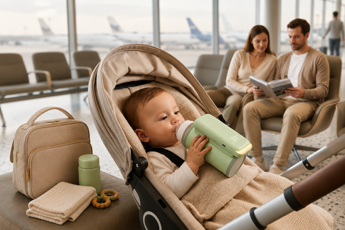 Baby drinking from a portable bottle warmer in a stroller at the airport while parents relax during travel