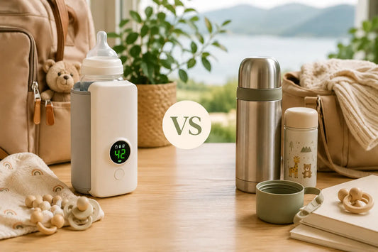 Portable baby bottle warmer compared with a thermos on a travel-ready tabletop for parents choosing the best bottle warming solution on the go.