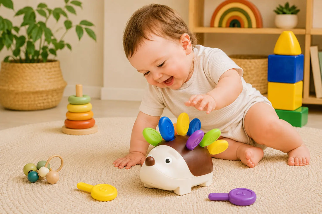 Toddler playing with a colorful screen-free hedgehog toy in a Montessori-inspired playroom.
