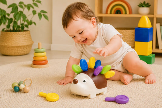 Toddler playing with a colorful screen-free hedgehog toy in a Montessori-inspired playroom.