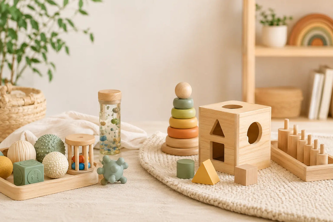Montessori and sensory toys displayed in a calm minimalist nursery showing different learning and developmental play approaches for babies and toddlers.