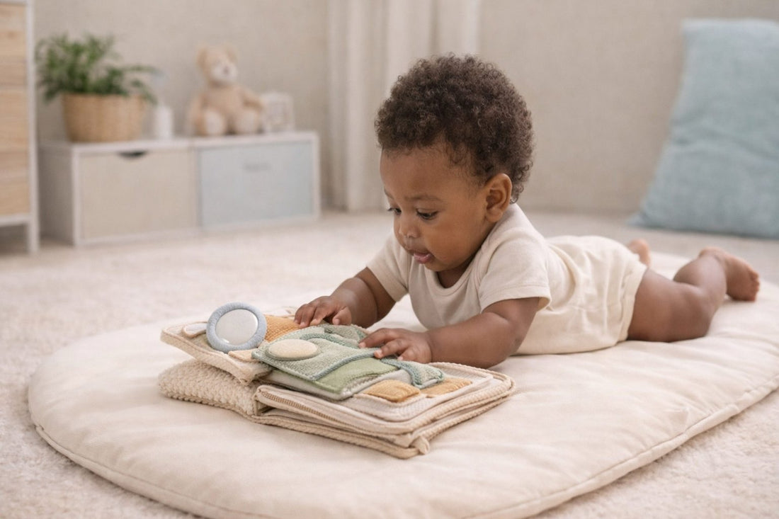 Baby doing tummy time on a soft play mat exploring a sensory toy in a calm minimal nursery environment