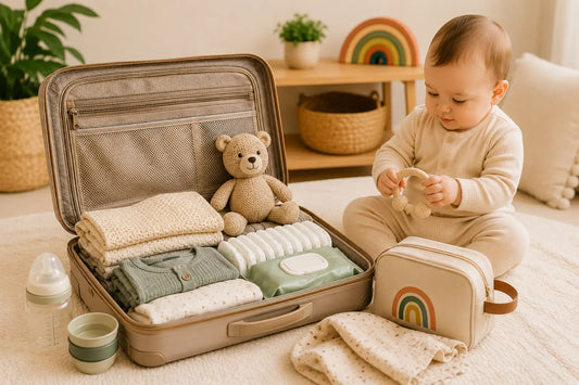 Parent preparing baby travel essentials in a suitcase while a baby plays nearby in a warm nursery setting.