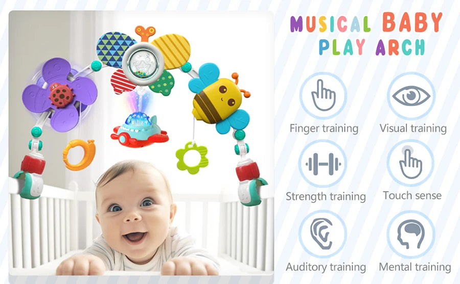 Musical Baby Stroller Arch Travel Car Seat Toy Baby Play Arch Crib Accessory Mobile for Bassinet Pram Activity Arch Bar for Baby